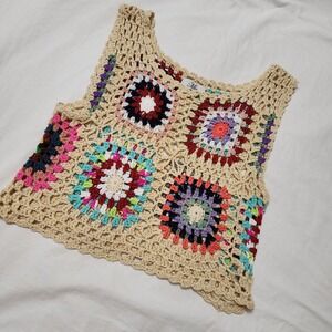 Crochet Crop Top Granny Square Sleeveless‎ Colorful Boho Tank See Measurements